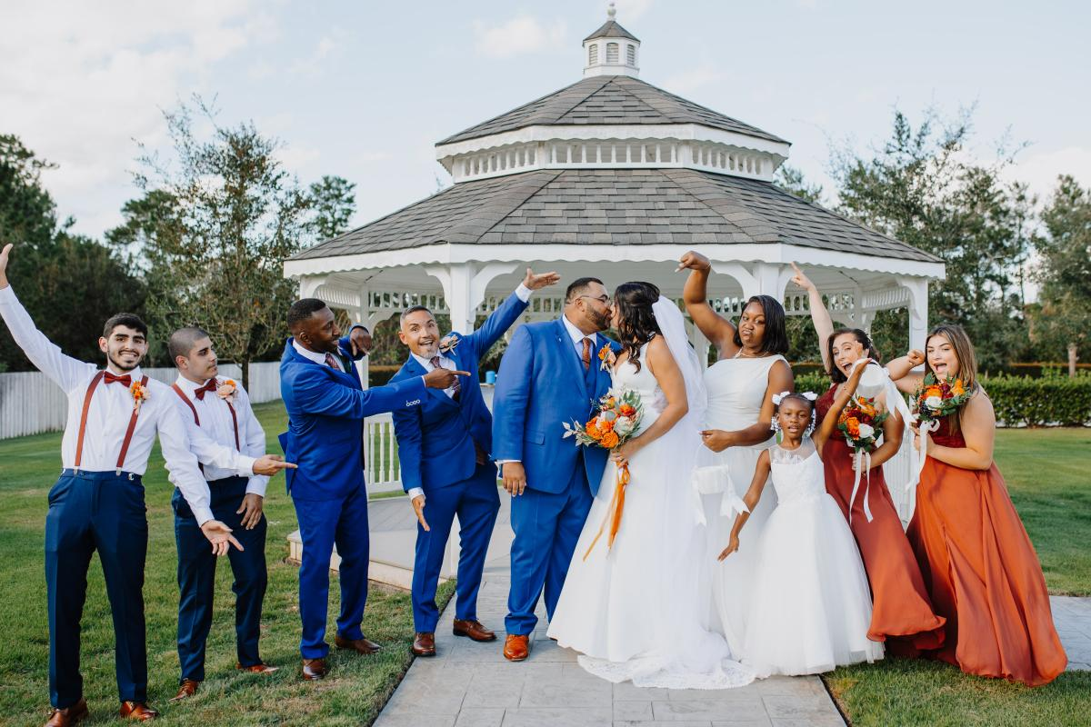 Wedding Party Group Photo in Front of Gazebo
