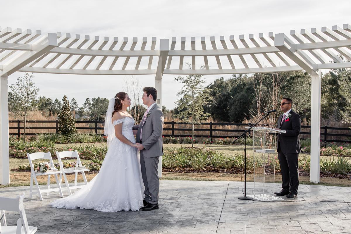 Bride and Groom Under Pergola